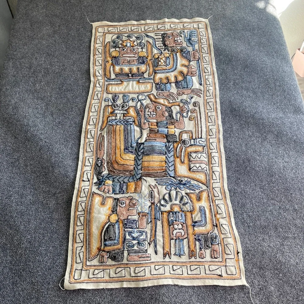 Vintage Peruvian Hand Embroidered Tapestry Incan Pre-Columbian‎ Folk Wall Art